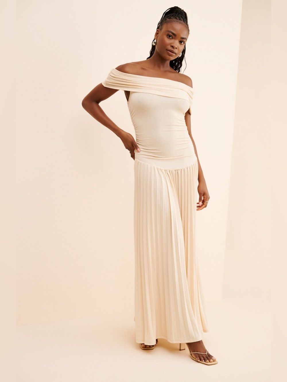 Lioness Field Of Dreams Maxi Dress Off-Shoulder Beige Pleated Drop Waist